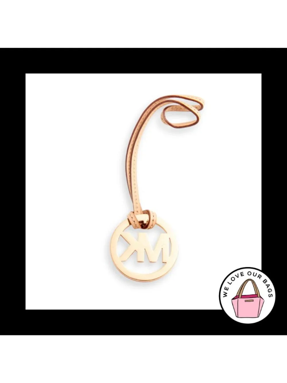 MICHAEL KORS Rose Gold Tan Natural Leather Strap Bag Charm Hang Tag Keychain Fob